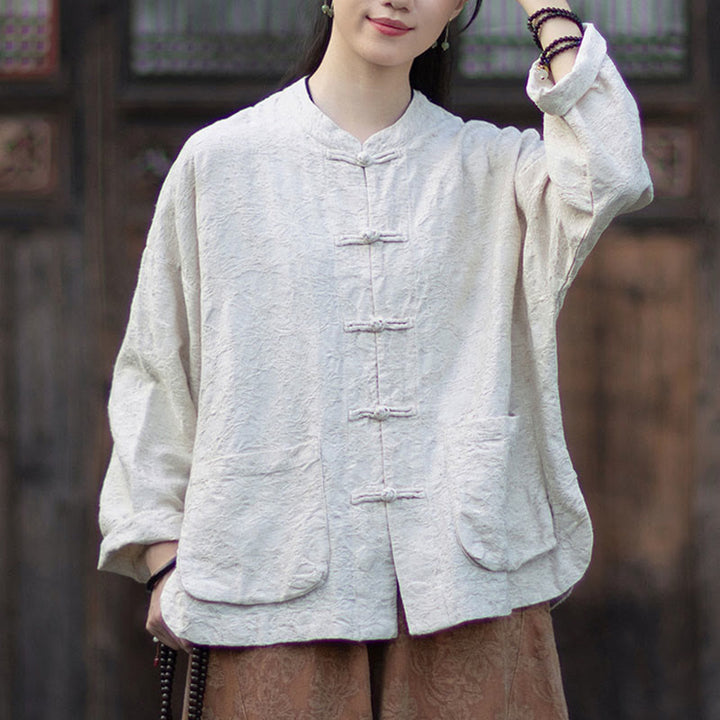 Ensemble chemise et pantalon à manches longues en jacquard à boutons brandebourg pour femme, motif Buddha Stones, en coton et lin. - Chemise beige - US4-6，UK/AU8-10，EU36-38 (F) - image 22