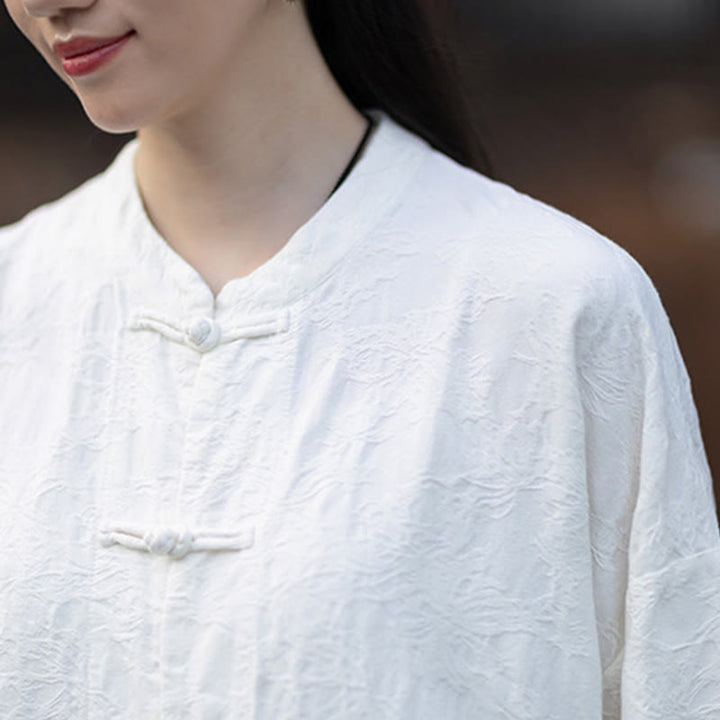 Ensemble chemise et pantalon à manches longues en jacquard à boutons brandebourg pour femme, motif Buddha Stones, en coton et lin. - image 21