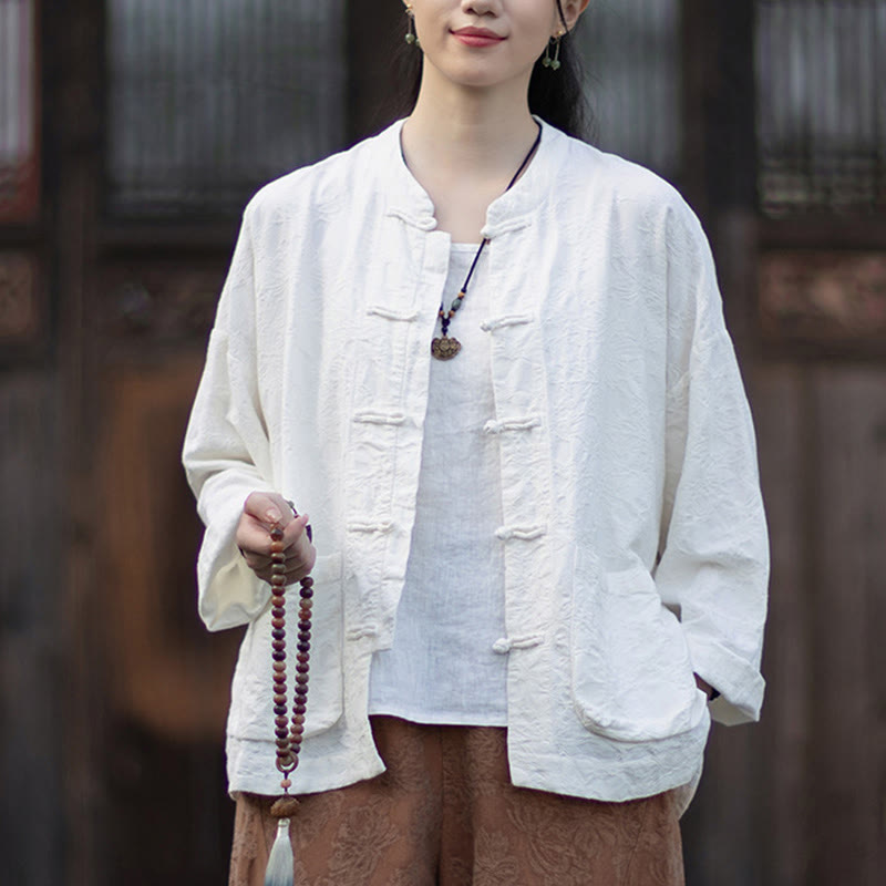 Ensemble chemise et pantalon à manches longues en jacquard à boutons brandebourg pour femme, motif Buddha Stones, en coton et lin. - image 14