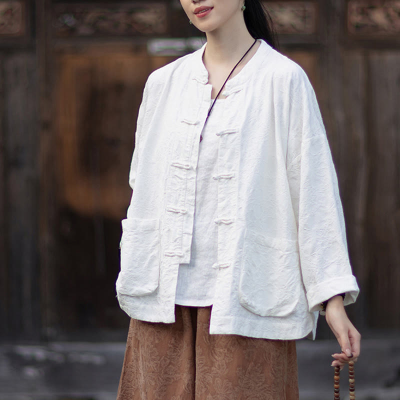Ensemble chemise et pantalon à manches longues en jacquard à boutons brandebourg pour femme, motif Buddha Stones, en coton et lin. - image 18