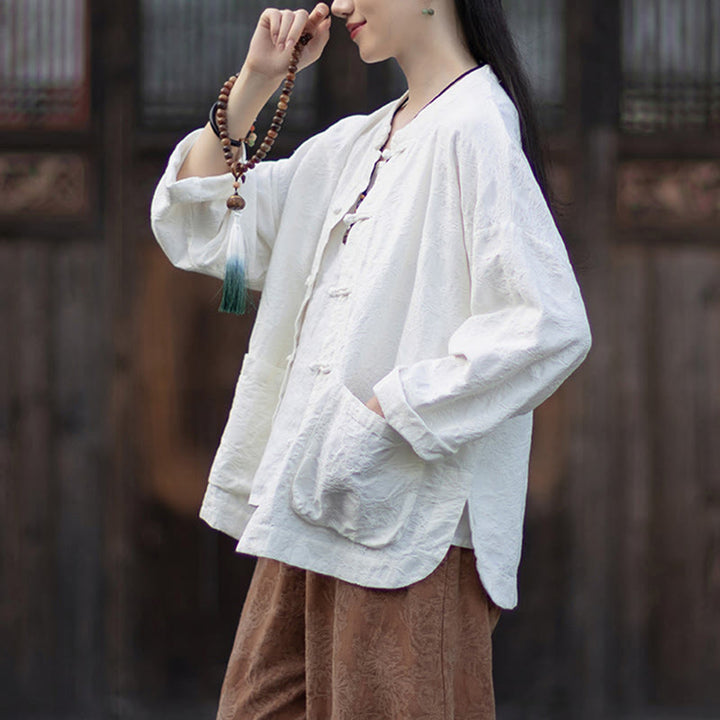 Ensemble chemise et pantalon à manches longues en jacquard à boutons brandebourg pour femme, motif Buddha Stones, en coton et lin. - image 17