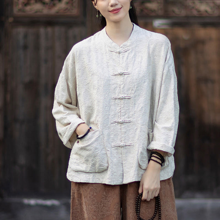 Ensemble chemise et pantalon à manches longues en jacquard à boutons brandebourg pour femme, motif Buddha Stones, en coton et lin. - image 23