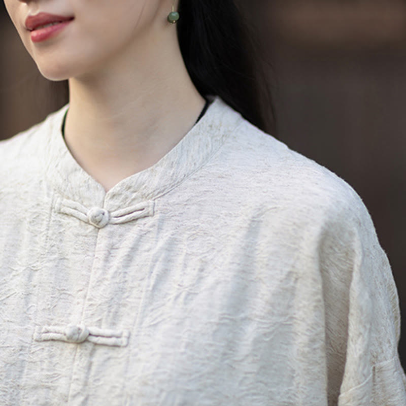 Ensemble chemise et pantalon à manches longues en jacquard à boutons brandebourg pour femme, motif Buddha Stones, en coton et lin. - image 27