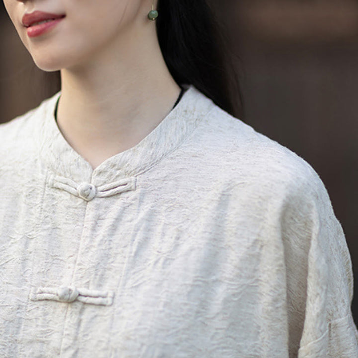 Ensemble chemise et pantalon à manches longues en jacquard à boutons brandebourg pour femme, motif Buddha Stones, en coton et lin. - image 27