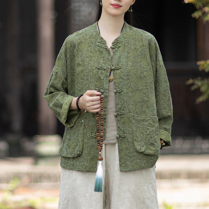 Ensemble chemise et pantalon à manches longues en jacquard à boutons brandebourg pour femme, motif Buddha Stones, en coton et lin. - image 2