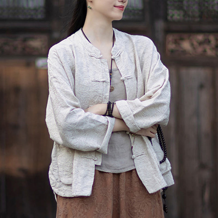 Ensemble chemise et pantalon à manches longues en jacquard à boutons brandebourg pour femme, motif Buddha Stones, en coton et lin. - image 26