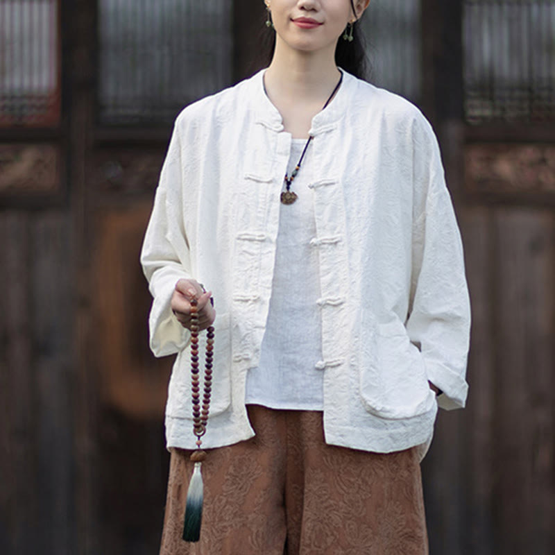 Ensemble chemise et pantalon à manches longues en jacquard à boutons brandebourg pour femme, motif Buddha Stones, en coton et lin. - image 20