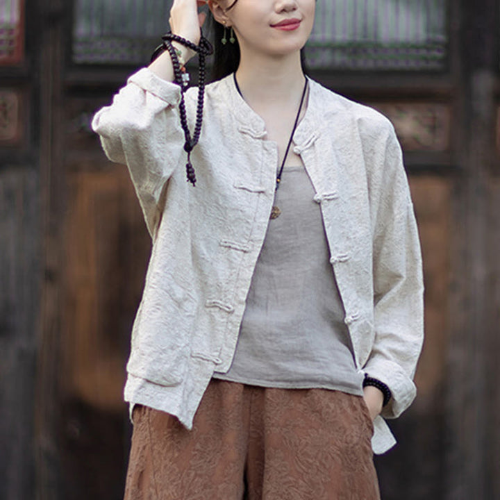 Ensemble chemise et pantalon à manches longues en jacquard à boutons brandebourg pour femme, motif Buddha Stones, en coton et lin. - image 24