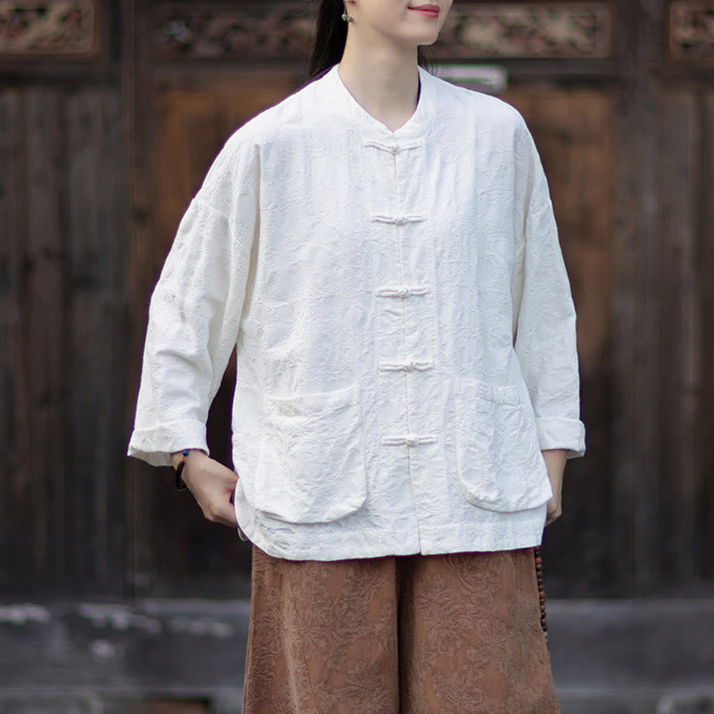 Ensemble chemise et pantalon à manches longues en jacquard à boutons brandebourg pour femme, motif Buddha Stones, en coton et lin. - image 15