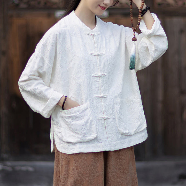 Ensemble chemise et pantalon à manches longues en jacquard à boutons brandebourg pour femme, motif Buddha Stones, en coton et lin. - image 19