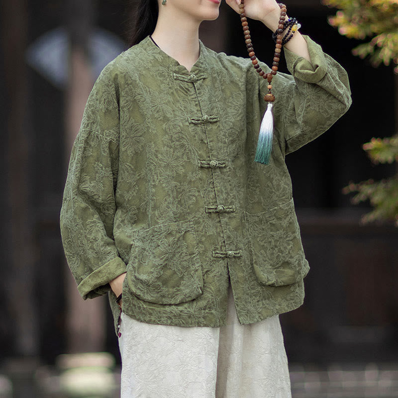 Ensemble chemise et pantalon à manches longues en jacquard à boutons brandebourg pour femme, motif Buddha Stones, en coton et lin. - image 3