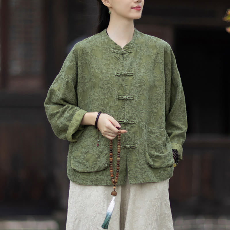 Ensemble chemise et pantalon à manches longues en jacquard à boutons brandebourg pour femme, motif Buddha Stones, en coton et lin. - Chemise verte - US4-6，UK/AU8-10，EU36-38 (F) - image 0