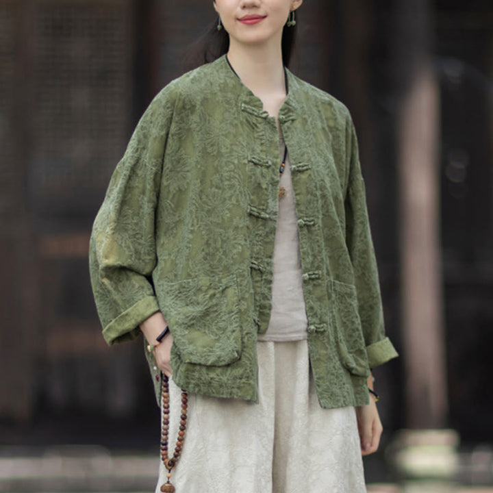 Ensemble chemise et pantalon à manches longues en jacquard à boutons brandebourg pour femme, motif Buddha Stones, en coton et lin. - image 7