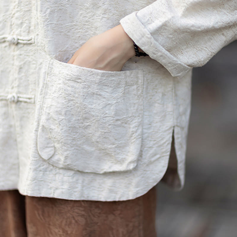 Ensemble chemise et pantalon à manches longues en jacquard à boutons brandebourg pour femme, motif Buddha Stones, en coton et lin. - image 28