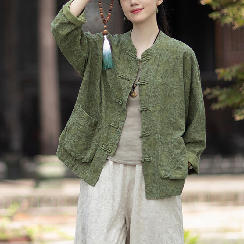 Ensemble chemise et pantalon à manches longues en jacquard à boutons brandebourg pour femme, motif Buddha Stones, en coton et lin. - image 4