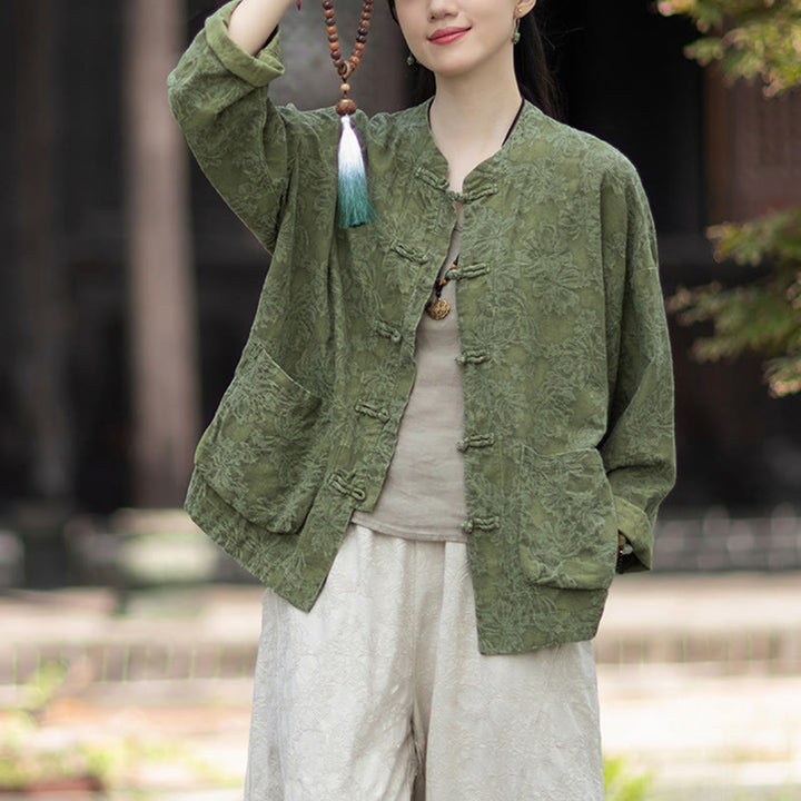 Ensemble chemise et pantalon à manches longues en jacquard à boutons brandebourg pour femme, motif Buddha Stones, en coton et lin. - image 4