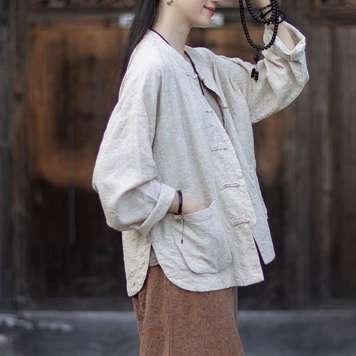 Ensemble chemise et pantalon à manches longues en jacquard à boutons brandebourg pour femme, motif Buddha Stones, en coton et lin. - image 25