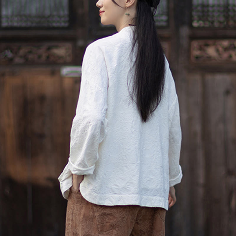 Ensemble chemise et pantalon à manches longues en jacquard à boutons brandebourg pour femme, motif Buddha Stones, en coton et lin. - image 16