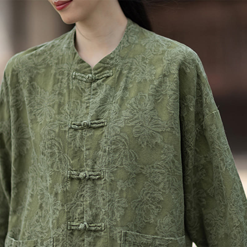 Ensemble chemise et pantalon à manches longues en jacquard à boutons brandebourg pour femme, motif Buddha Stones, en coton et lin. - image 11