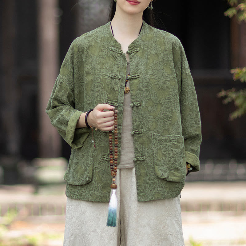 Ensemble chemise et pantalon à manches longues en jacquard à boutons brandebourg pour femme, motif Buddha Stones, en coton et lin. - image 5