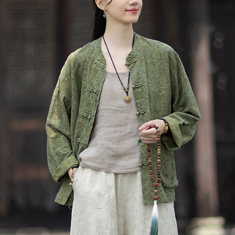 Ensemble chemise et pantalon à manches longues en jacquard à boutons brandebourg pour femme, motif Buddha Stones, en coton et lin. - image 10