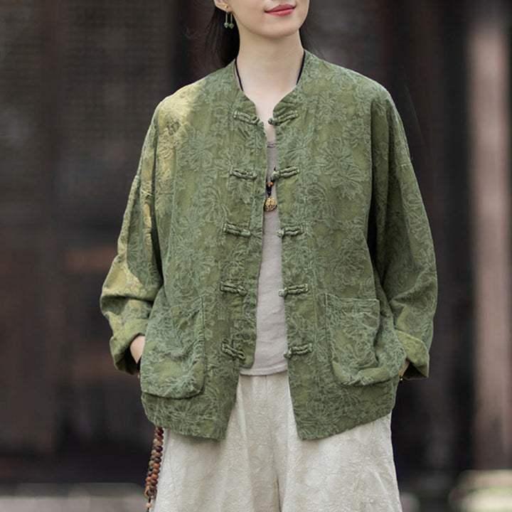 Ensemble chemise et pantalon à manches longues en jacquard à boutons brandebourg pour femme, motif Buddha Stones, en coton et lin. - image 6