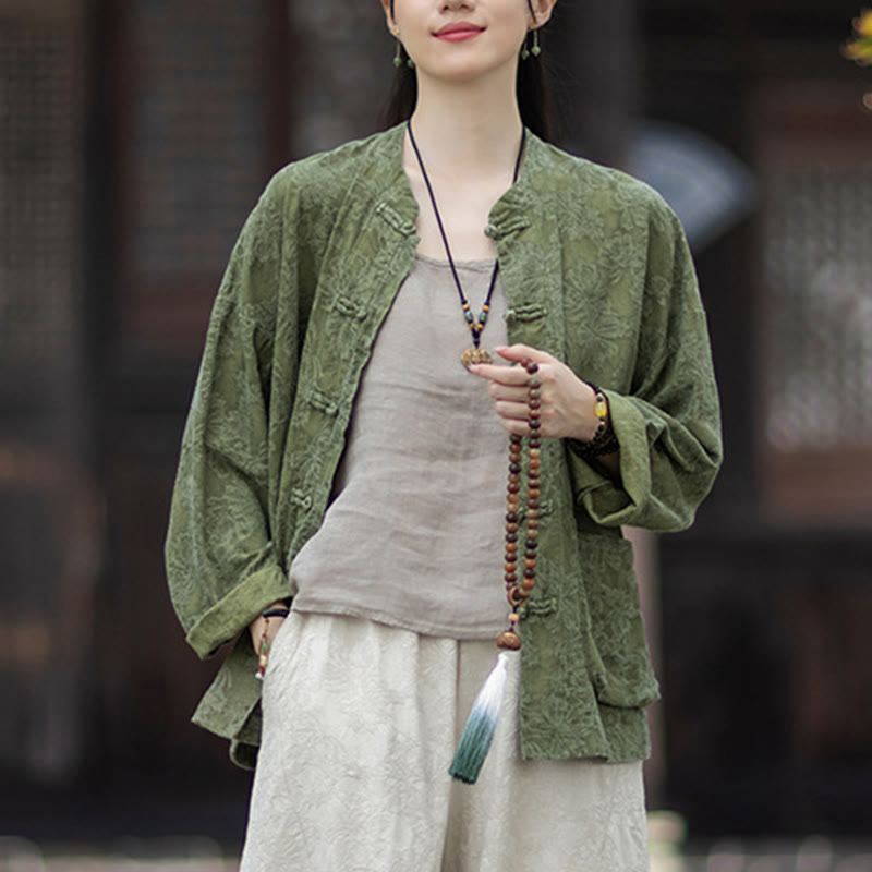 Ensemble chemise et pantalon à manches longues en jacquard à boutons brandebourg pour femme, motif Buddha Stones, en coton et lin. - image 8