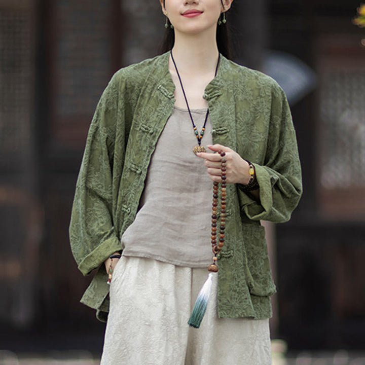 Ensemble chemise et pantalon à manches longues en jacquard à boutons brandebourg pour femme, motif Buddha Stones, en coton et lin. - image 8