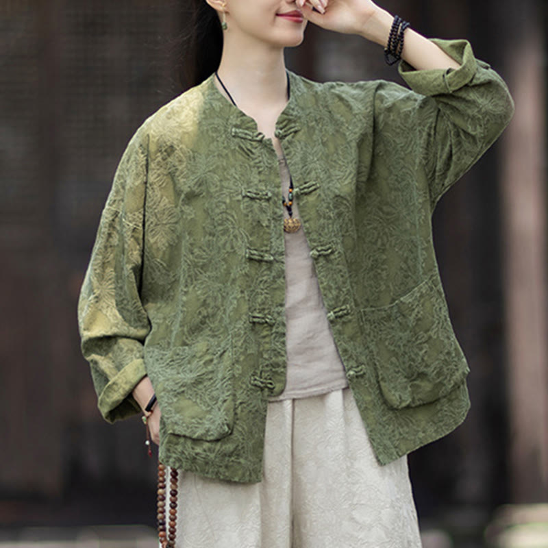 Ensemble chemise et pantalon à manches longues en jacquard à boutons brandebourg pour femme, motif Buddha Stones, en coton et lin. - image 9