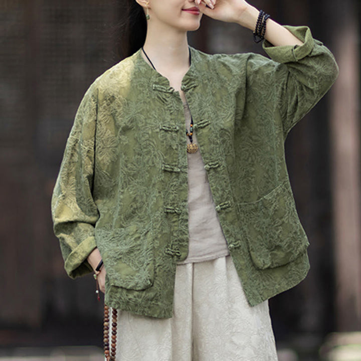 Ensemble chemise et pantalon à manches longues en jacquard à boutons brandebourg pour femme, motif Buddha Stones, en coton et lin. - image 9