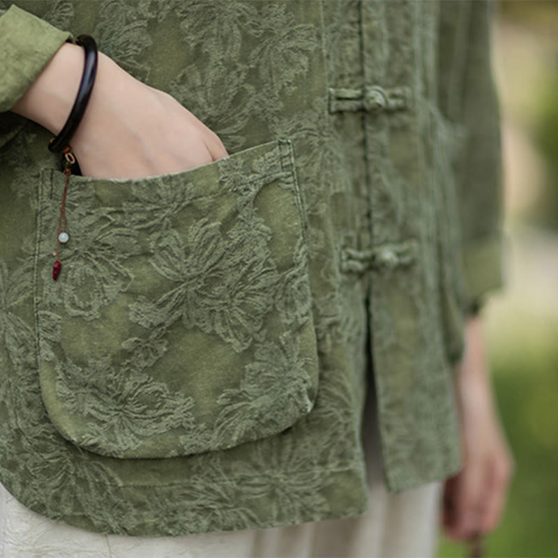 Ensemble chemise et pantalon à manches longues en jacquard à boutons brandebourg pour femme, motif Buddha Stones, en coton et lin. - image 12