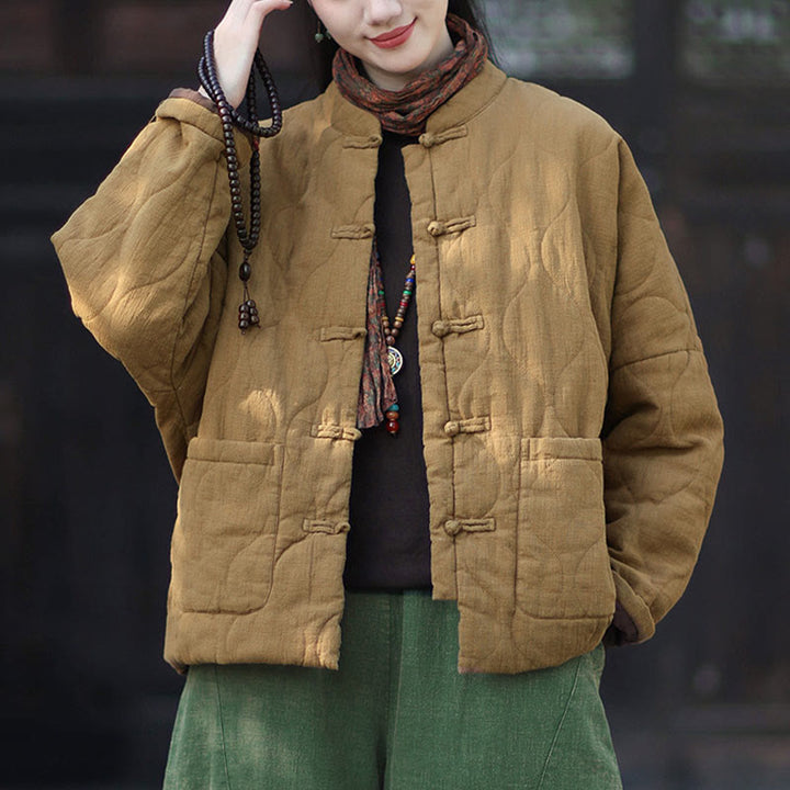 Veste thermique femme en coton ramie à manches longues et poches, motif lignes courbes et boutons grenouille , Buddha Stones Winter - verge d'or - US4-12，UK/AU8-16，EU36-44 (F) - image 29
