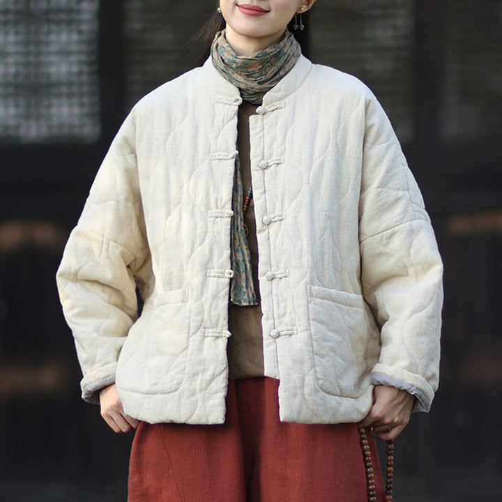 Veste thermique femme en coton ramie à manches longues et poches, motif lignes courbes et boutons grenouille , Buddha Stones Winter - Lin - US4-12，UK/AU8-16，EU36-44 (F) - image 14