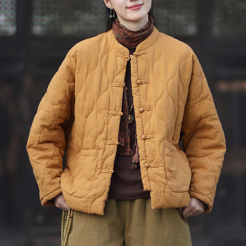 Veste thermique femme en coton ramie à manches longues et poches, motif lignes courbes et boutons grenouille , Buddha Stones Winter - image 1