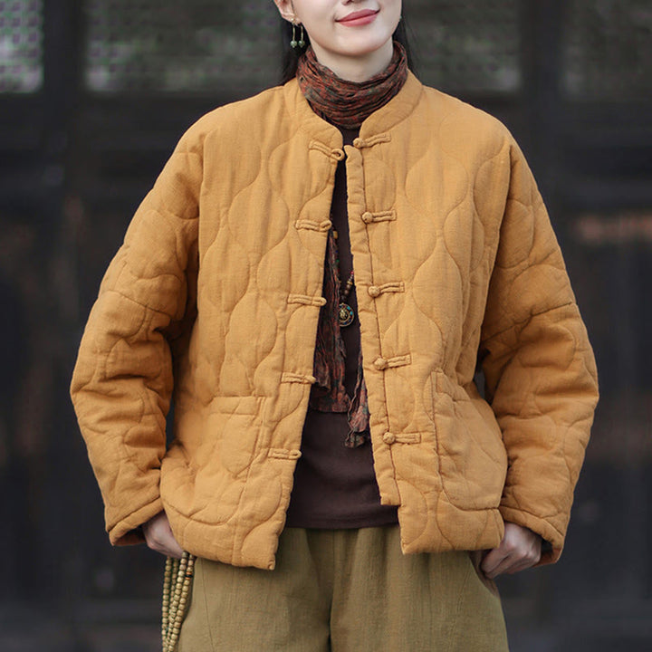 Veste thermique femme en coton ramie à manches longues et poches, motif lignes courbes et boutons grenouille , Buddha Stones Winter - image 1