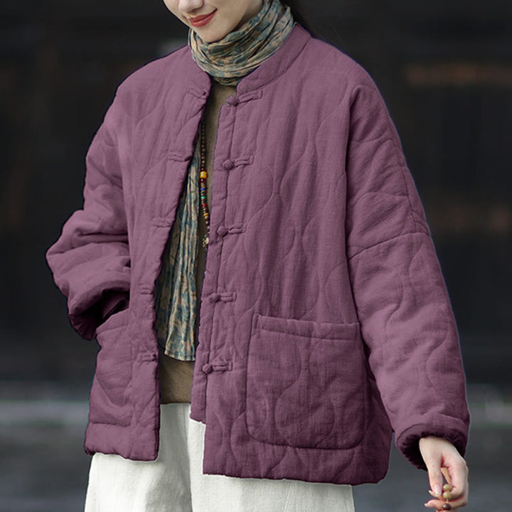 Veste thermique femme en coton ramie à manches longues et poches, motif lignes courbes et boutons grenouille , Buddha Stones Winter - image 39