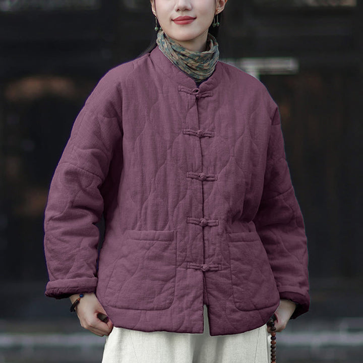 Veste thermique femme en coton ramie à manches longues et poches, motif lignes courbes et boutons grenouille , Buddha Stones Winter - image 42