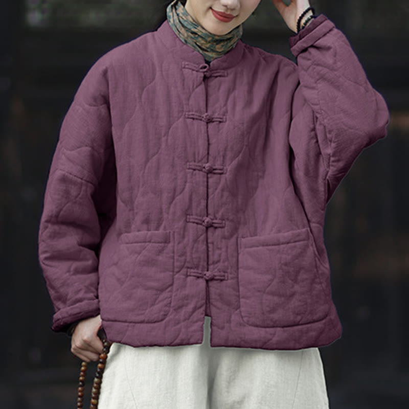 Veste thermique femme en coton ramie à manches longues et poches, motif lignes courbes et boutons grenouille , Buddha Stones Winter - image 40