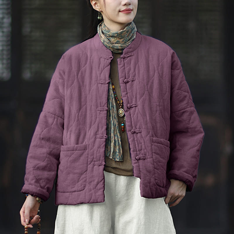 Veste thermique femme en coton ramie à manches longues et poches, motif lignes courbes et boutons grenouille , Buddha Stones Winter - image 41