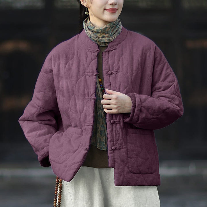Veste thermique femme en coton ramie à manches longues et poches, motif lignes courbes et boutons grenouille , Buddha Stones Winter - Violet - US4-12，UK/AU8-16，EU36-44 (F) - image 38