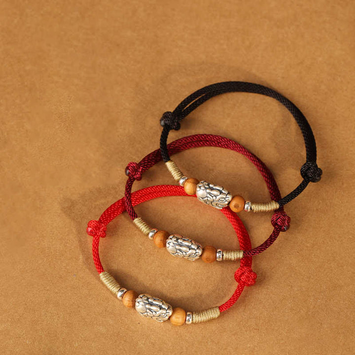 Bracelet de cheville porte-bonheur tressé à la main, orné de Buddha Stones, de breloques Pixiu en argent sterling 999 et de perles en bois de pêcher. - image 22