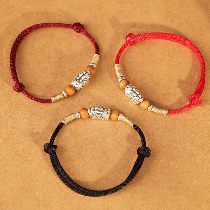 Bracelet de cheville porte-bonheur tressé à la main, orné de Buddha Stones, de breloques Pixiu en argent sterling 999 et de perles en bois de pêcher. - image 24