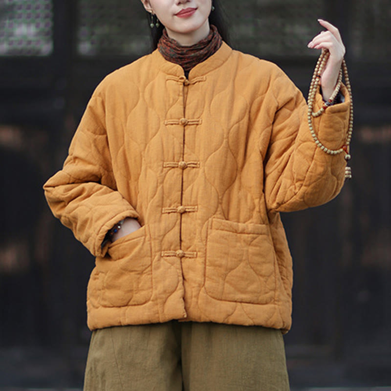 Veste thermique femme en coton ramie à manches longues et poches, motif lignes courbes et boutons grenouille , Buddha Stones Winter - image 10