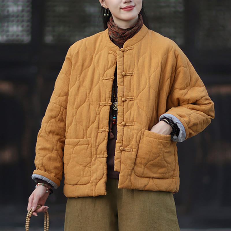 Veste thermique femme en coton ramie à manches longues et poches, motif lignes courbes et boutons grenouille , Buddha Stones Winter - image 2