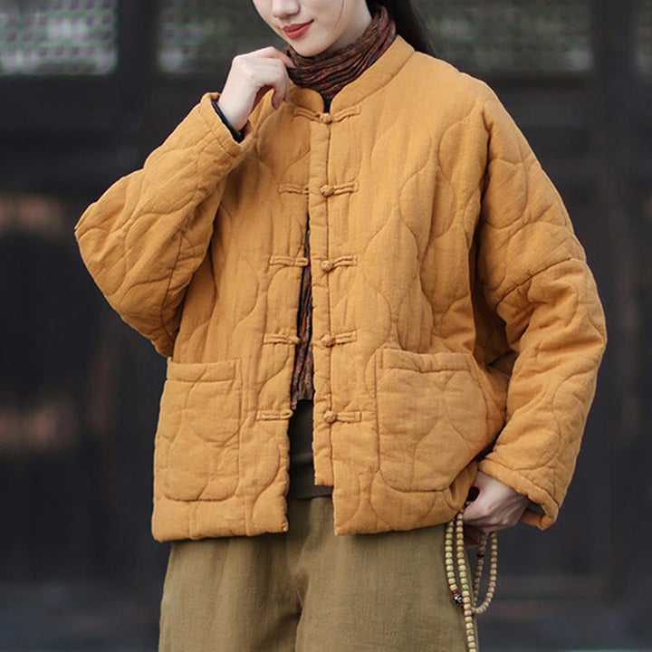 Veste thermique femme en coton ramie à manches longues et poches, motif lignes courbes et boutons grenouille , Buddha Stones Winter - image 3