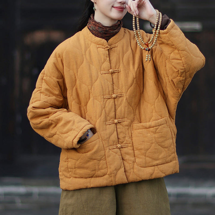 Veste thermique femme en coton ramie à manches longues et poches, motif lignes courbes et boutons grenouille , Buddha Stones Winter - image 5