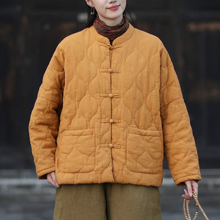 Veste thermique femme en coton ramie à manches longues et poches, motif lignes courbes et boutons grenouille , Buddha Stones Winter - image 4