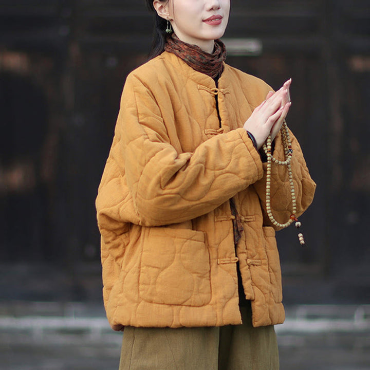 Veste thermique femme en coton ramie à manches longues et poches, motif lignes courbes et boutons grenouille , Buddha Stones Winter - image 6