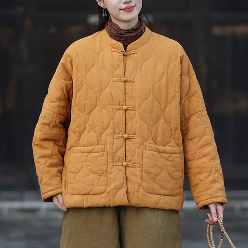 Veste thermique femme en coton ramie à manches longues et poches, motif lignes courbes et boutons grenouille , Buddha Stones Winter - image 4