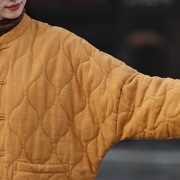 Veste thermique femme en coton ramie à manches longues et poches, motif lignes courbes et boutons grenouille , Buddha Stones Winter - image 12